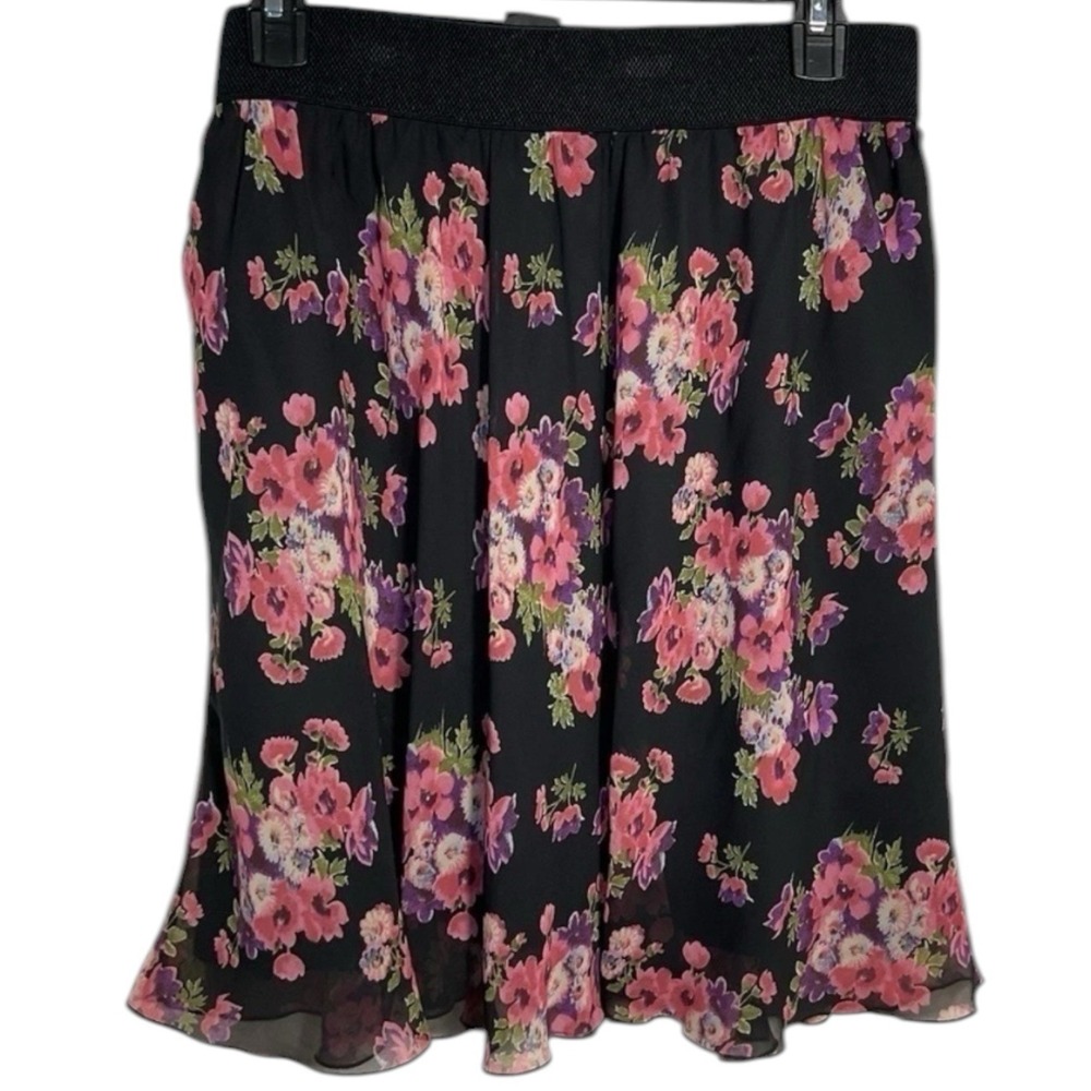 Lord & Taylor Pink Floral Chiffon Lined Mini Skirt Elastic Waist Size Large